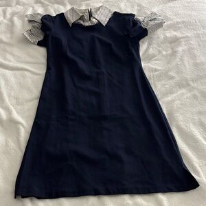 1901 Navy Dress with Striped Details